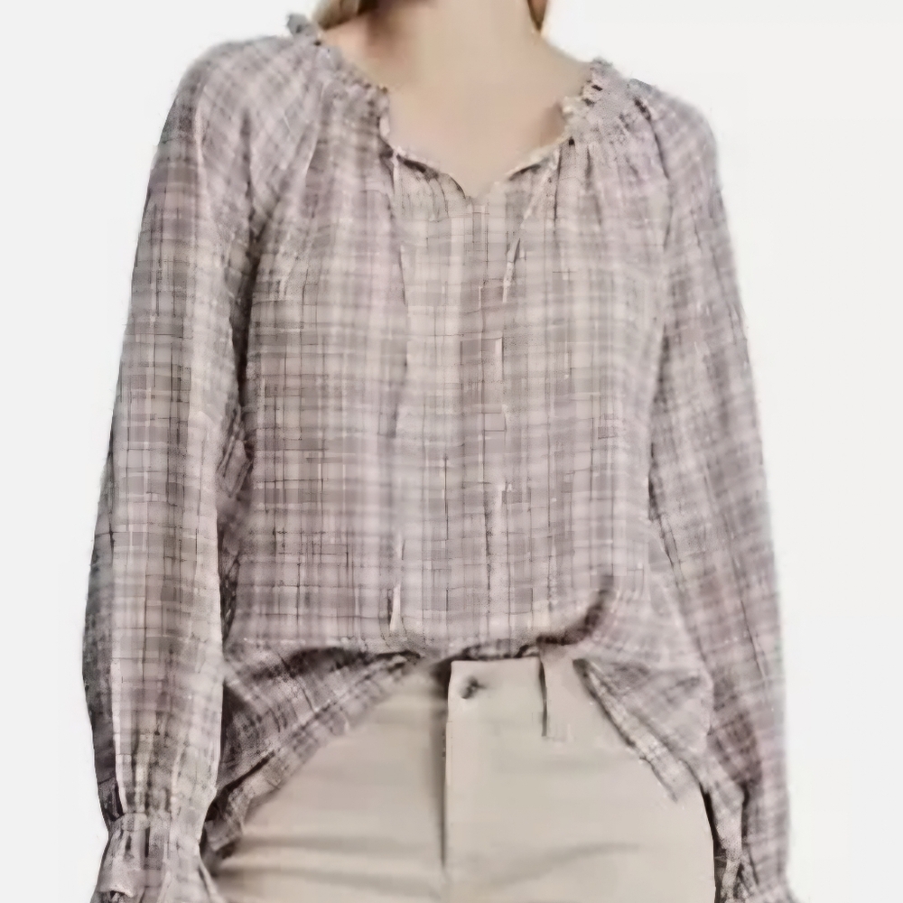 Chaps Plaid Ruffle Collar Women's Peasant Top